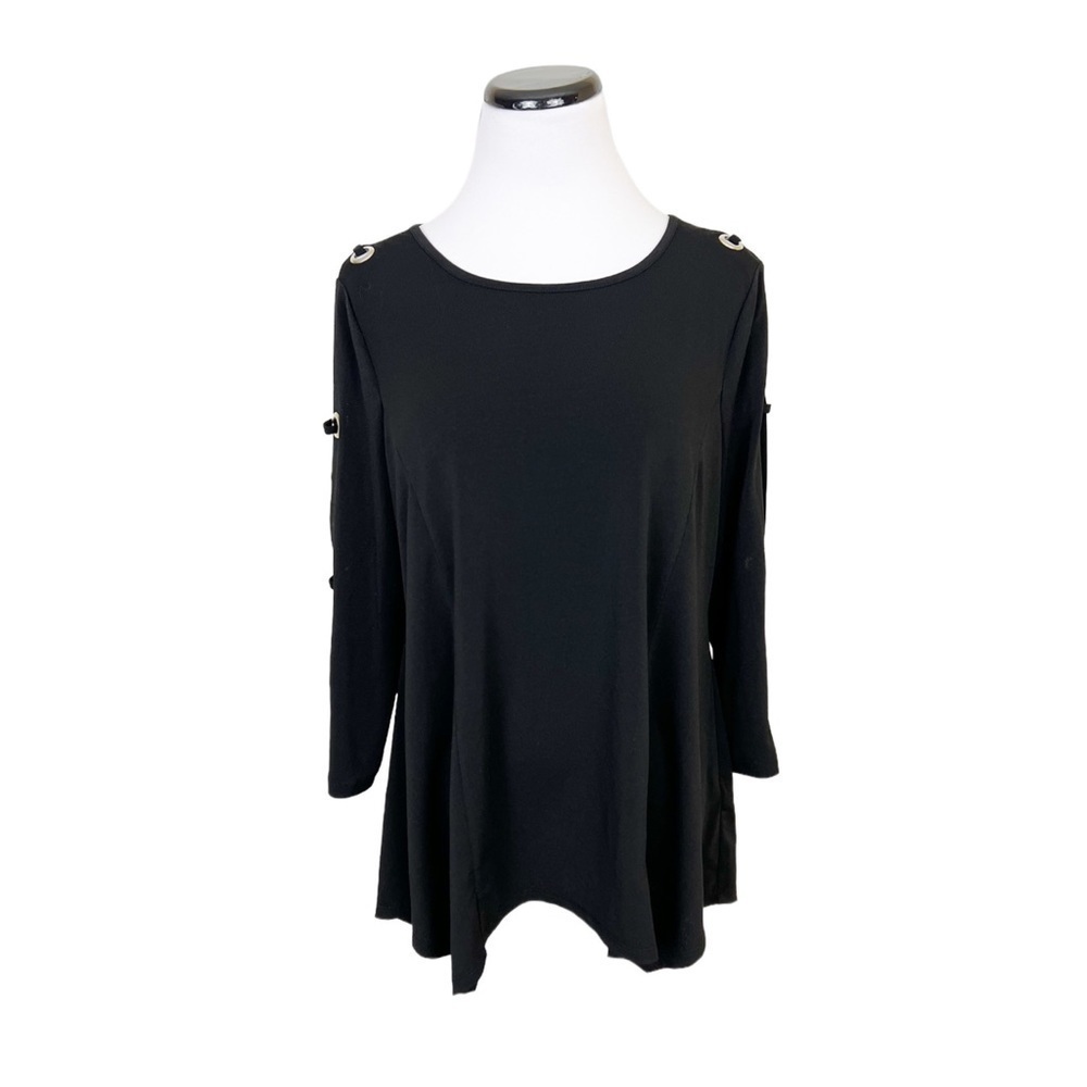 Adrianna Papell Grommet Detail Blouse Top 3/4 Sleeve Stretchy Black Size Medium